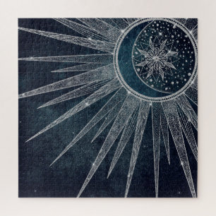 Elegant Silver Sun Moon Doodle Mandala Blue Design Jigsaw Puzzle