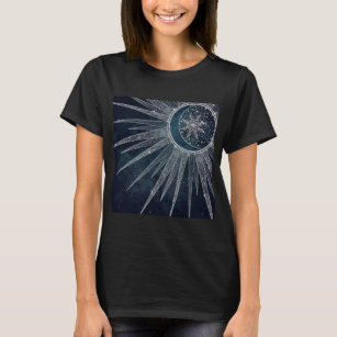 Elegant Silver Sun Moon Doodle Mandala Blue Design T-Shirt
