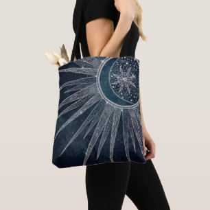 Elegant Silver Sun Moon Doodle Mandala Blue Design Tote Bag