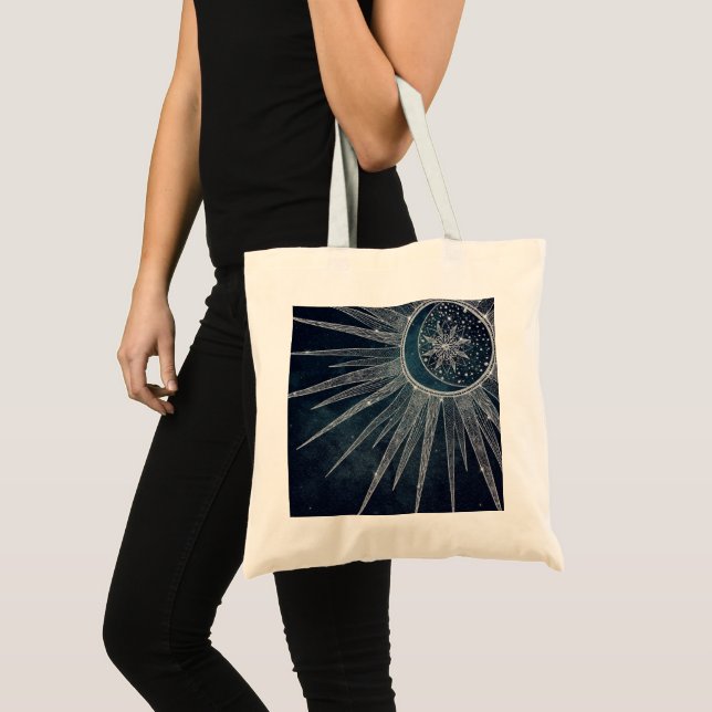 Elegant Silver Sun Moon Doodle Mandala Blue Design Tote Bag (Front (Product))
