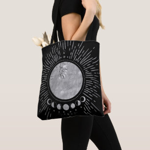 Elegant Silver Sun Moon Doodles Mandala Tote Bag
