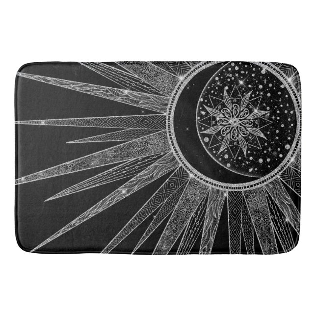 Elegant Silver Sun Moon Mandala Black Design Bath Mat (Front)