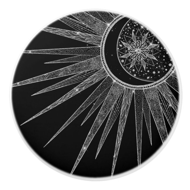 Elegant Silver Sun Moon Mandala Black Design Ceramic Knob (Front)