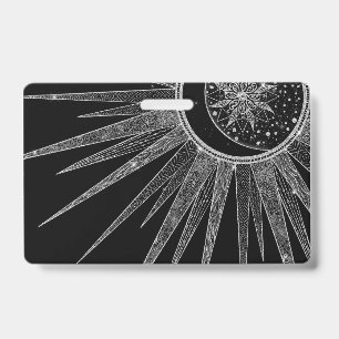 Elegant Silver Sun Moon Mandala Black Design ID Badge