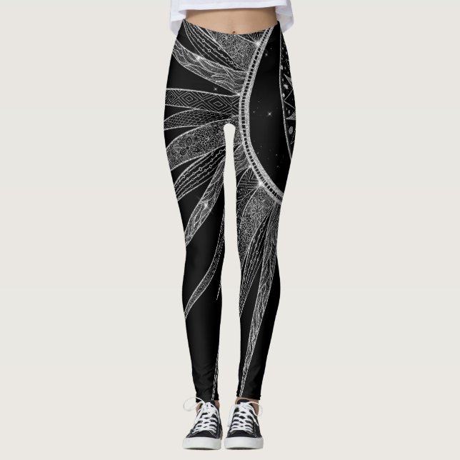 Elegant Silver Sun Moon Mandala Black Design Leggings (Front)