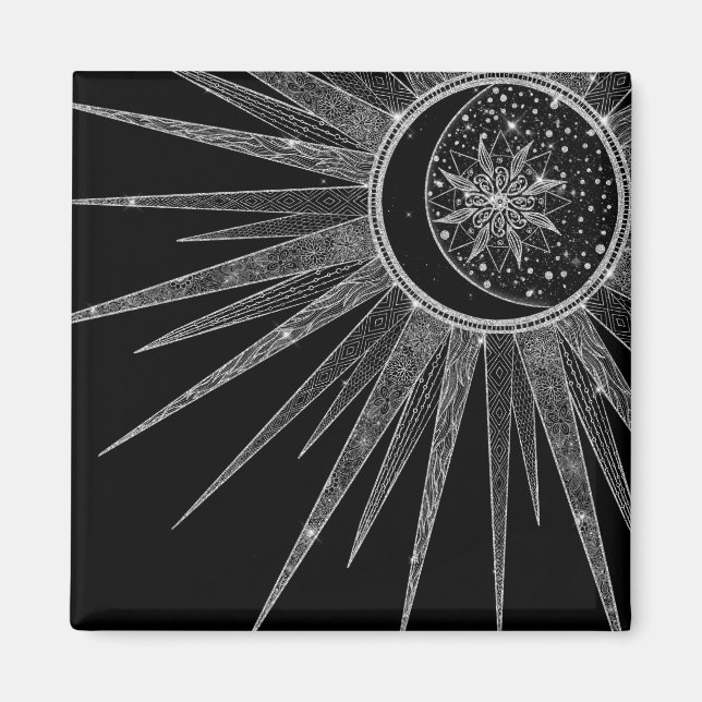 Elegant Silver Sun Moon Mandala Black Design Magnet (Front)