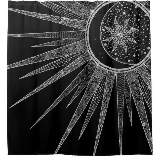 Elegant Silver Sun Moon Mandala Black Design Shower Curtain (Front)