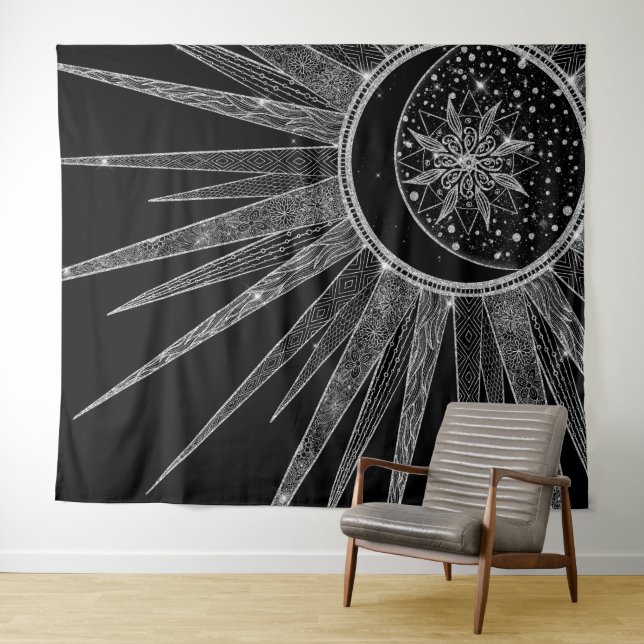 Elegant Silver Sun Moon Mandala Black Design Tapestry (In Situ (Horizontal))