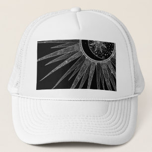 Elegant Silver Sun Moon Mandala Black Design Trucker Hat