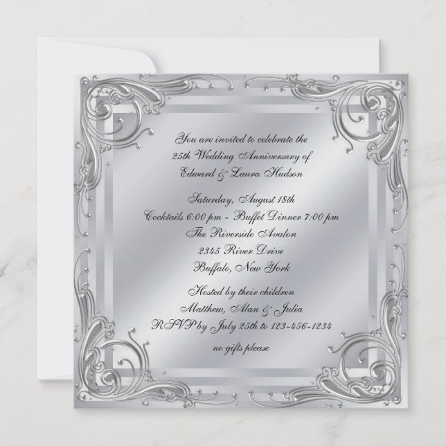Elegant Silver Swirl 25th Wedding Anniversary Invitation (Front)