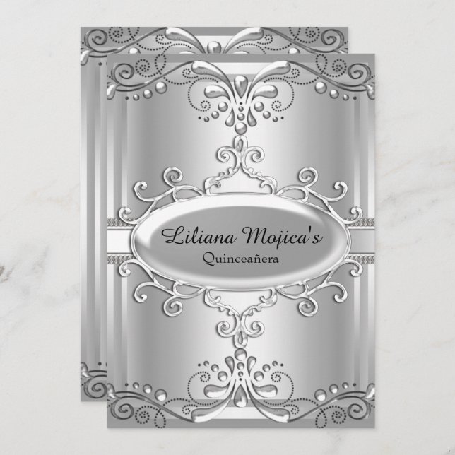 Elegant Silver Swirl Quinceanera Invitation (Front/Back)