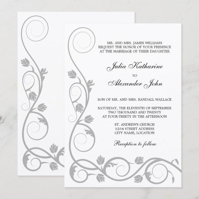 Elegant Silver Swirls Invitation (Front/Back)