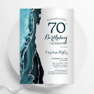 Elegant Silver Teal Agate 70th Birthday Invitation