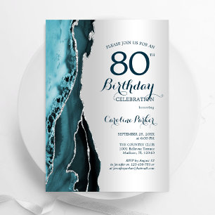 Elegant Silver Teal Agate 80th Birthday Invitation