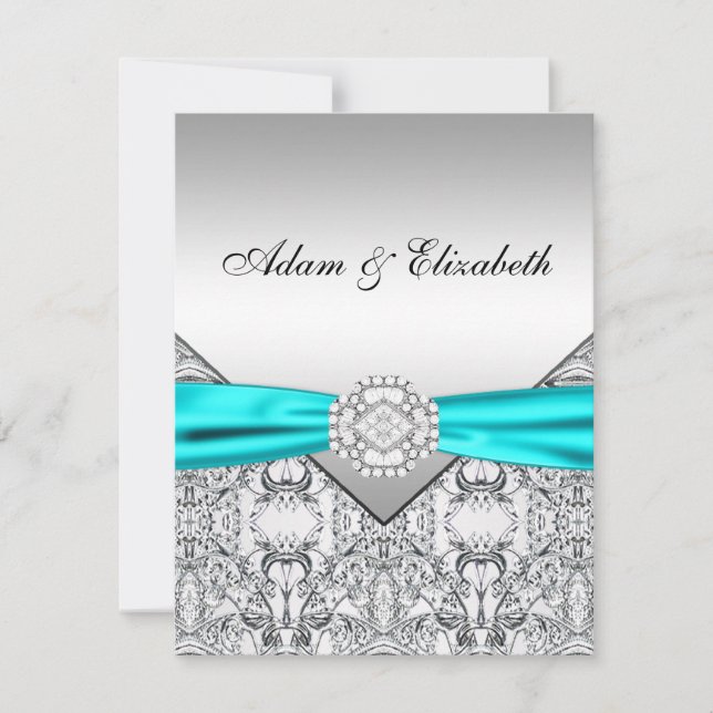 Elegant Silver Teal Blue Wedding Invitations (Front)