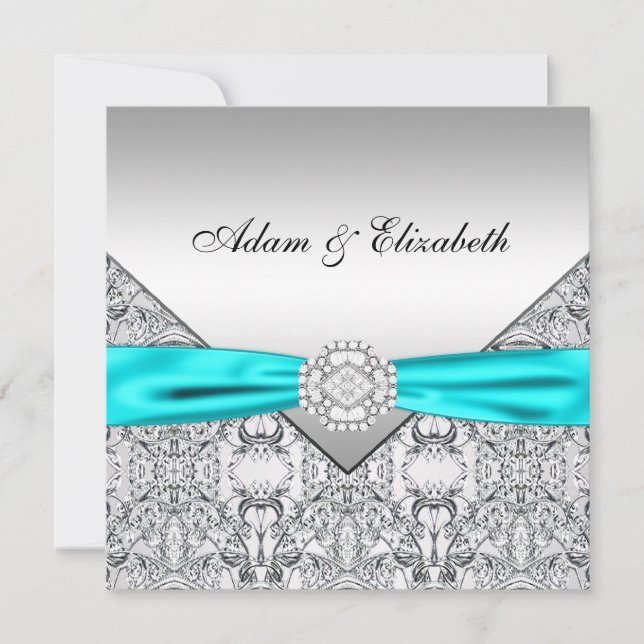 Elegant Silver Teal Blue Wedding Invitations (Front)