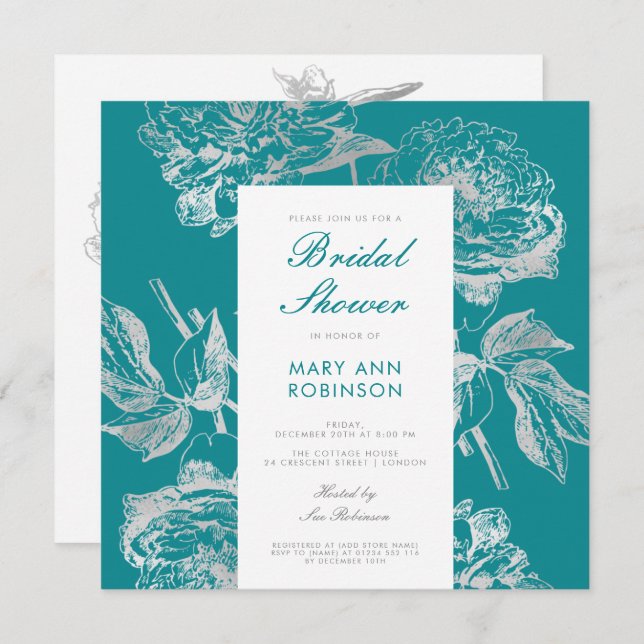 Elegant Silver Teal Bridal Shower Party Floral Invitation (Front/Back)