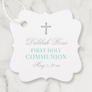 Elegant Silver Teal First Communion for Girl Favour Tags