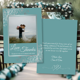 Elegant Silver & Teal Photo & Note Wedding Thank You Card