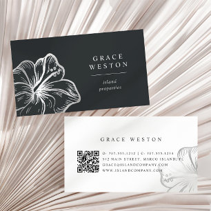 Elegant Silver Tropical Hibiscus Flower QR Code Business Card