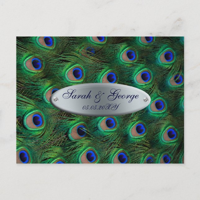 elegant silver turquoise peacock wedding RSVP Invitation Postcard (Front)