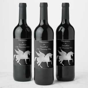 ELEGANT SILVER UNICORN BLACK CUSTOMIZABLE WINE LABEL