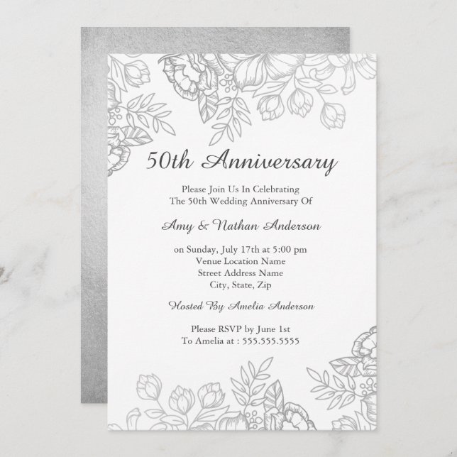 Elegant Silver Vintage Floral 50th Anniversary Invitation (Front/Back)