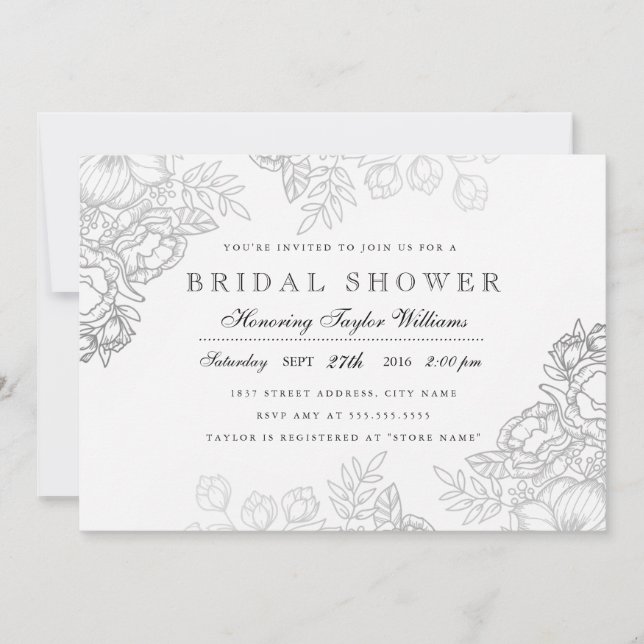 Elegant Silver Vintage Floral Bridal Shower Invite (Front)