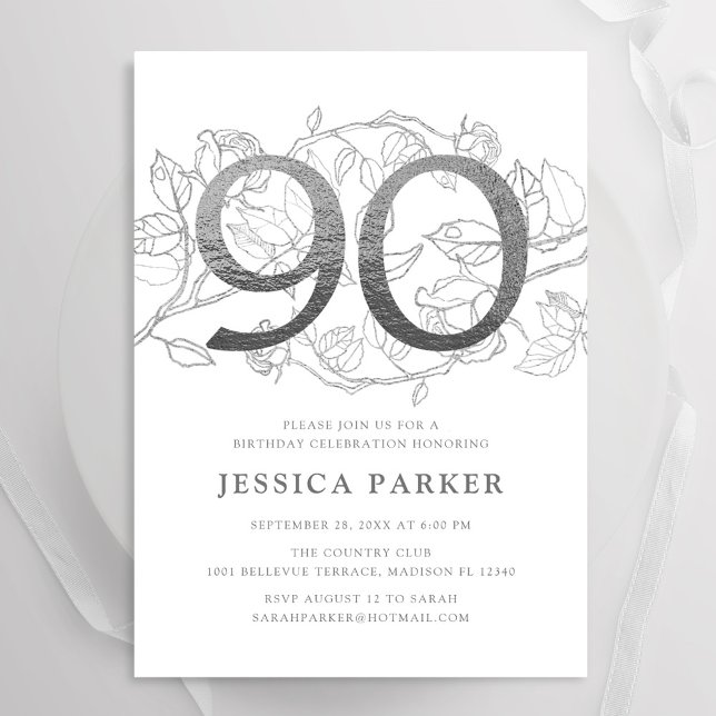 Elegant Silver White 90th Birthday Invitation (Creator Uploaded)