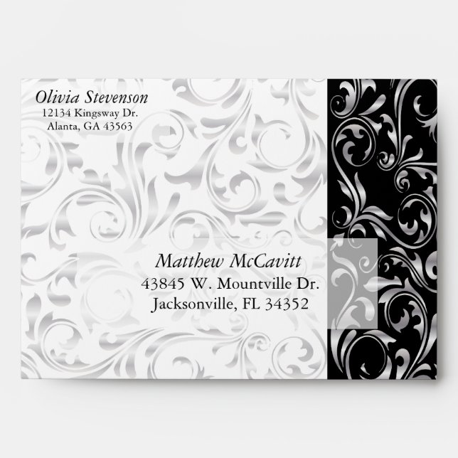 Elegant Silver, White and Black Damask Envelope (Front)