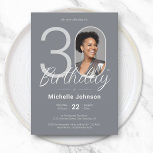Elegant Silver White Custom Photo 30th Birthday Invitation