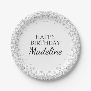 Elegant Silver White Diamond Glitter Birthday Paper Plate