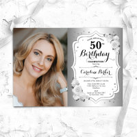 Elegant Silver White Floral Photo 50th Birthday
