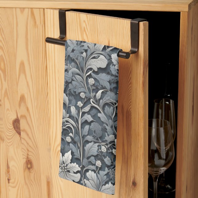 Elegant silver white grey floral tea towel (Thirds Fold)