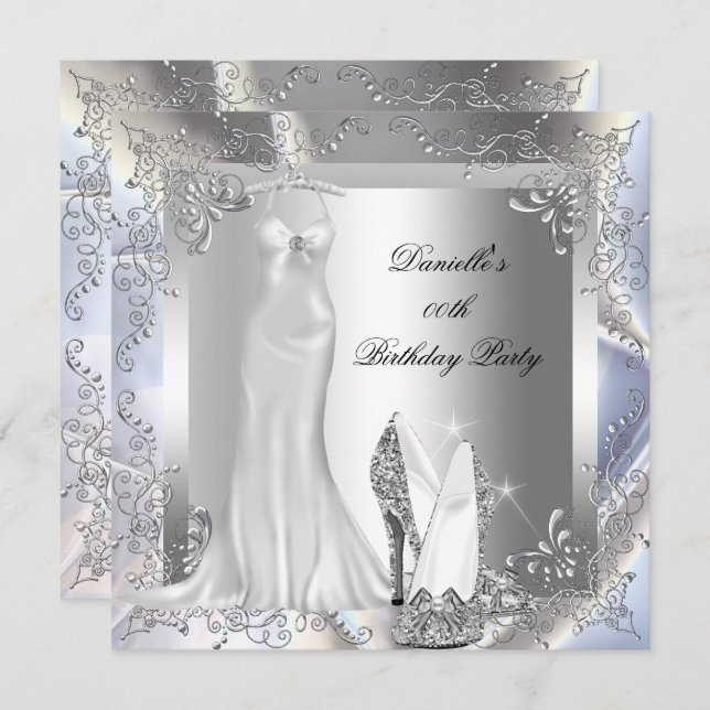 Elegant Silver White High Heel Shoe Birthday Party Invitation (Front/Back)