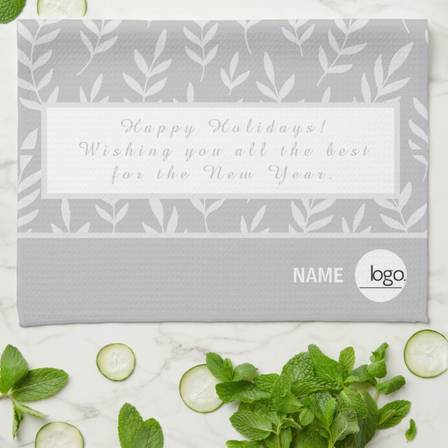 ELEGANT SILVER WHITE LEAFY FOLIAGE HOLIDAYS LOGO TEA TOWEL (Folded)