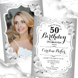 Elegant Silver White Photo 50th Birthday Invitation<br><div class="desc">Elegant floral feminine 50th birthday invitation with your photo at the back of the card. Glam design with faux silver. Features white roses, script font and confetti. Perfect for a stylish adult bday celebration party. Personalise with your own details. Can be customised for any age! Printed Zazzle invitations or instant...</div>