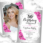 Elegant Silver White Pink Photo 50th Birthday Invitation<br><div class="desc">Elegant floral feminine 50th birthday invitation with your photo at the back of the card. Glam design with faux silver. Features pink roses, script font and confetti. Perfect for a stylish adult bday celebration party. Personalise with your own details. Can be customised for any age! Printed Zazzle invitations or instant...</div>