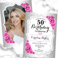Elegant Silver White Pink Photo 50th Birthday