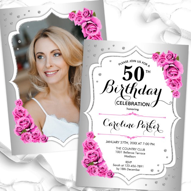 Elegant Silver White Pink Photo 50th Birthday Invitation (Creator Uploaded)