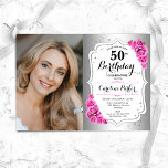 Elegant Silver White PinkRoses Photo 50th Birthday Invitation<br><div class="desc">Elegant floral feminine 50th birthday invitation with your photo. Glam design with faux silver. Features pink roses,  script font and confetti. Perfect for a stylish adult bday celebration party. Personalise with your own details. Can be customised for any age! Printed Zazzle invitations or instant download digital printable template.</div>