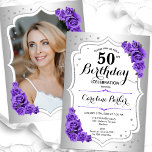 Elegant Silver White Purple Photo 50th Birthday Invitation<br><div class="desc">Elegant floral feminine 50th birthday invitation with your photo at the back of the card. Glam design with faux silver. Features purple roses, script font and confetti. Perfect for a stylish adult bday celebration party. Personalise with your own details. Can be customised for any age! Printed Zazzle invitations or instant...</div>