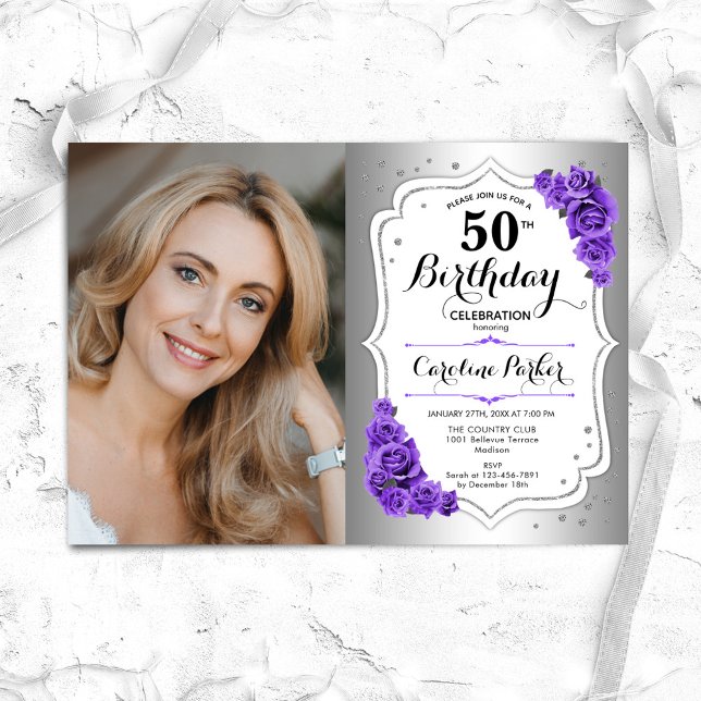 Elegant Silver White Purple Photo 50th Birthday Invitation (Creator Uploaded)