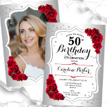 Elegant Silver White Red Photo 50th Birthday Invitation<br><div class="desc">Elegant floral feminine 50th birthday invitation with your photo at the back of the card. Glam design with faux silver. Features red roses, script font and confetti. Perfect for a stylish adult bday celebration party. Personalise with your own details. Can be customised for any age! Printed Zazzle invitations or instant...</div>