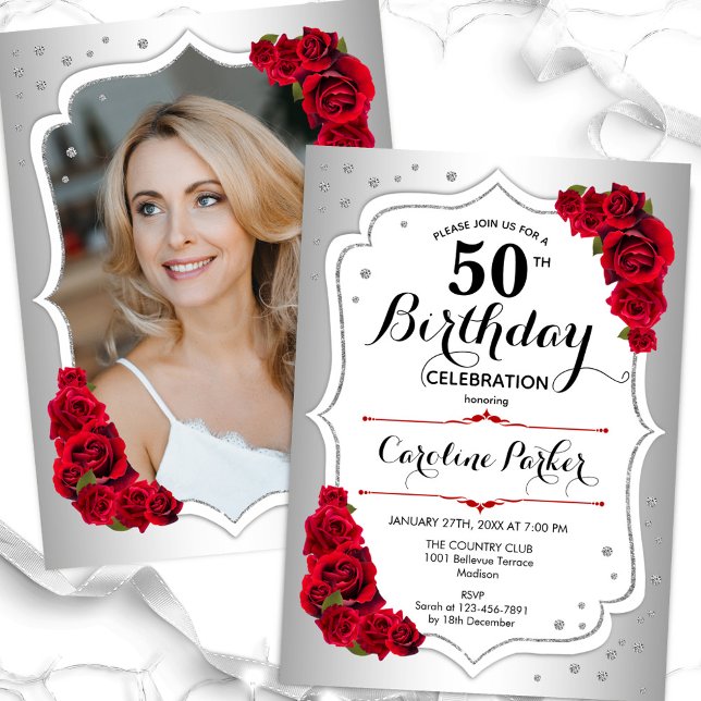 Elegant Silver White Red Photo 50th Birthday Invitation (Creator Uploaded)