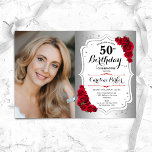 Elegant Silver White Red Roses Photo 50th Birthday Invitation<br><div class="desc">Elegant floral feminine 50th birthday invitation with your photo. Glam design with faux silver. Features red roses,  script font and confetti. Perfect for a stylish adult bday celebration party. Personalise with your own details. Can be customised for any age! Printed Zazzle invitations or instant download digital printable template.</div>