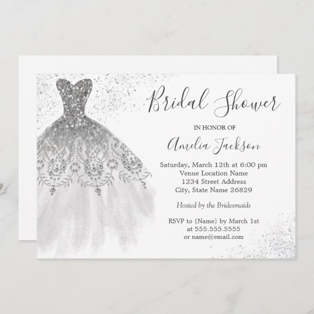 Elegant Silver White Wedding Gown Bridal Shower Invitation (Front/Back)
