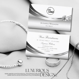 Elegant Silver White with Logo and Sparkle Diamond Business Card