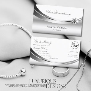 Elegant Silver White with Logo and Sparkle Diamond Business Card