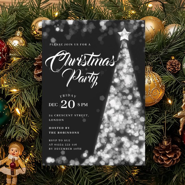Elegant Silver Winter Christmas Tree Holiday Party Invitation (Elegant Silver Winter Christmas Tree Holiday Party Invitation)